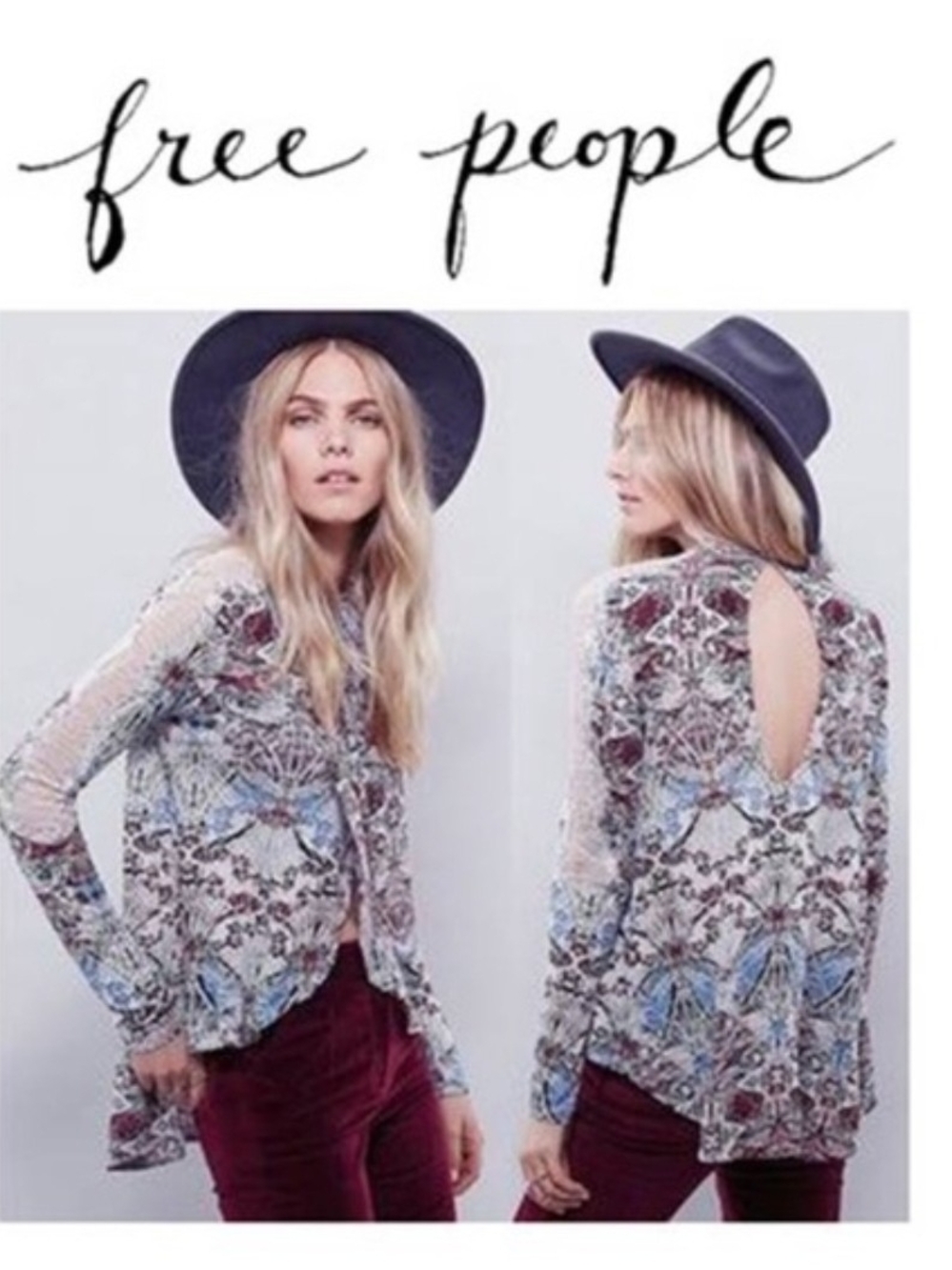 Free People Printed Long Sleeve Keyhole Top - Blue Mix Size Xs